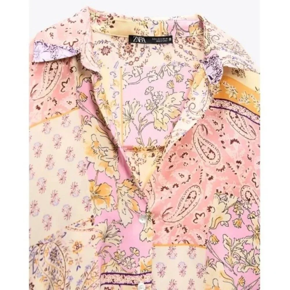 💕ZARA💕 Printed Satin Effect Shirt ~ Pink Multi-Color Paisley Print Medium
